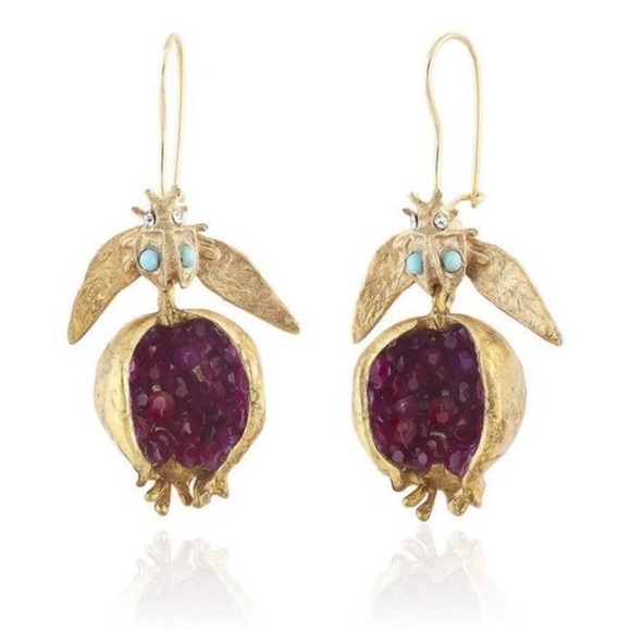 - Jeweled Pomegranate 22k Gold unique Dangle Drop Earrings pomegranite vermeil - Picture 4 of 8
